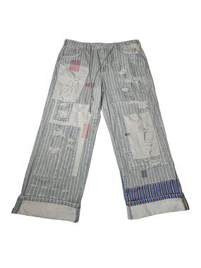 Pilcro Pachwork Distressed Cropped Jeans Sz 32 Striped Cuffed Boho Grunge